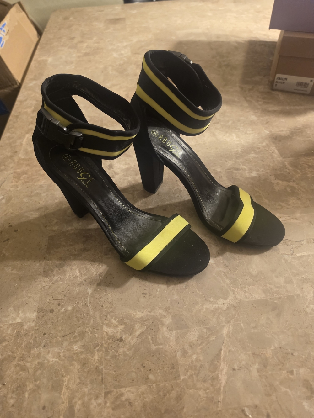 Rouge Helium Black and Yellow Striped Ankle Strap Block Heels